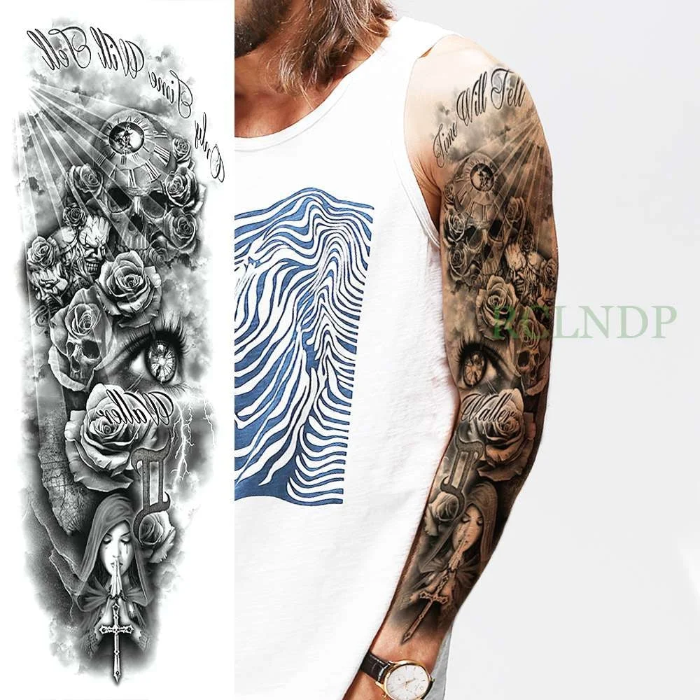 Waterproof Temporary Tattoo Sticker Anubis Ancient Egypt Dog Roma Clock Eye Full Arm Fake Tatto Flash Tatoo Sleeve for Men Women
