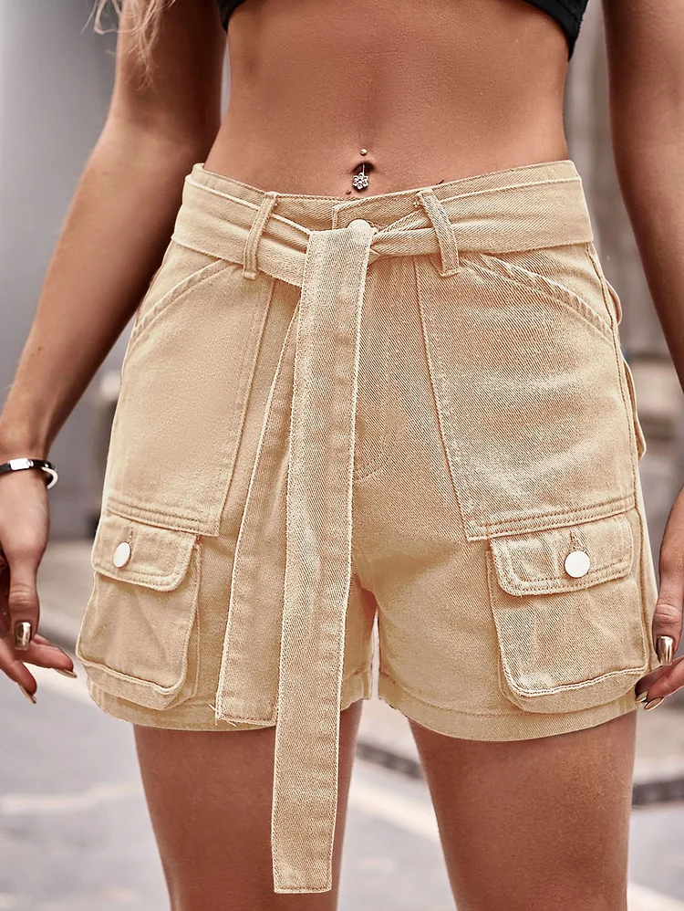 Casual Solid Color Pocket Denim Belted Straight Shorts