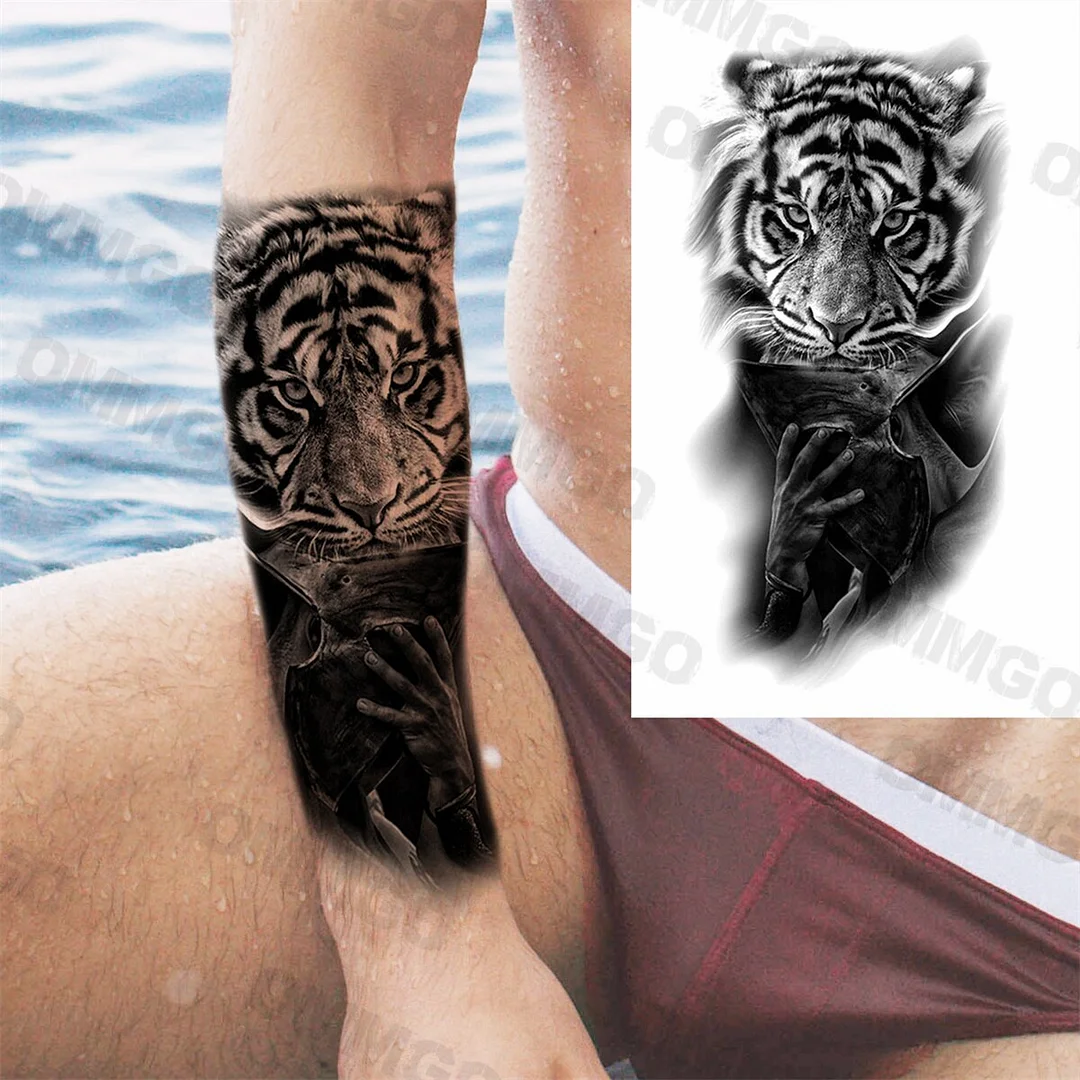 Sdrawing Rose Flower Skeleton Temporary Tattoos For Women Adult Girl Lion Tiger Crown Fake Tattoo Body Art Painting Tatoo Decal