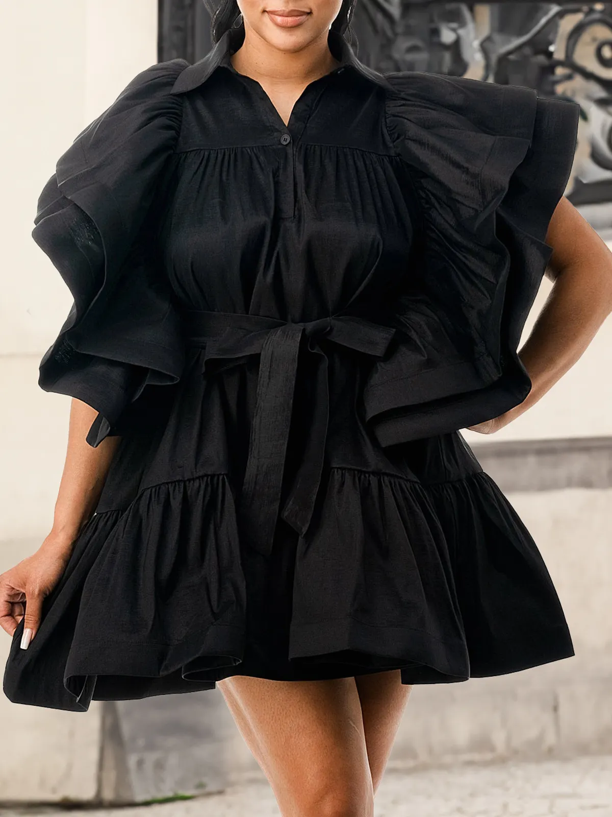 Plus Size Ladies' Fashion Turndown Collar Flying Sleeve A-Line Dress
