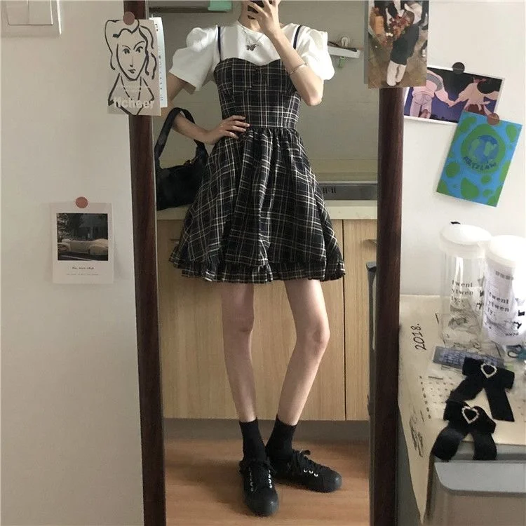 Sleeveless Dress Women Green Plaid Mini Korean Style Sweet Lovely Ladies Slim Sexy Cute Leisure High Street Popular All-match