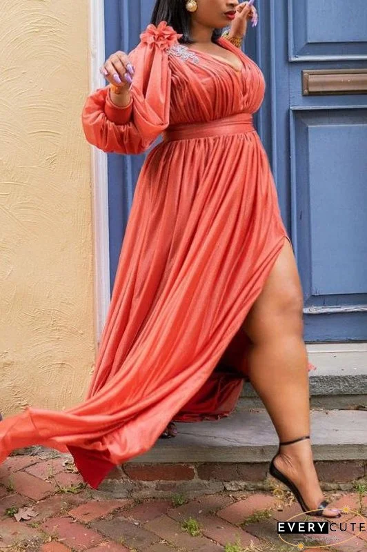 Plus Size Plain Dresses Long Sleeve Lantern Sleeve Maxi Dress