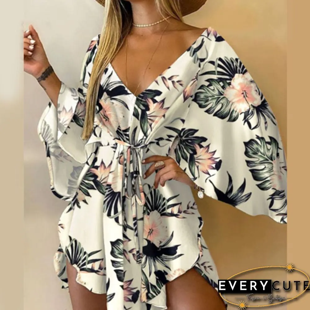 Casual Leaf Leopard Print Harajuku Batwing Sleeve Dress Lady Elegant Lace-Up Irregular