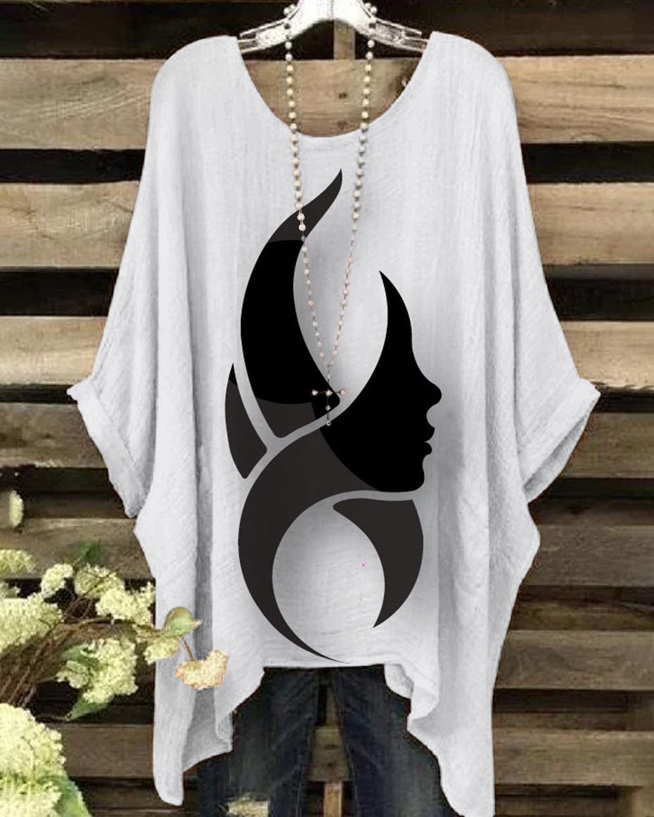 Round Neck Simple Geometric Face Art Print Irregular Shirt