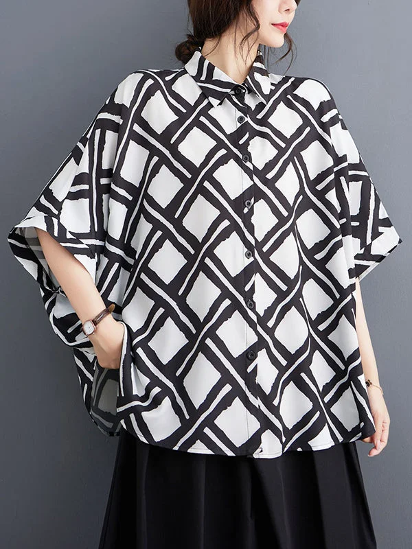 Casual Lapel Black White Plaid Printed Buttoned Batwing Sleeve High-Low Shirt