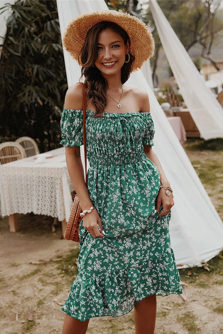 Luditu Midi Dress,  Off Shoulder Sundress, Nicole in Green