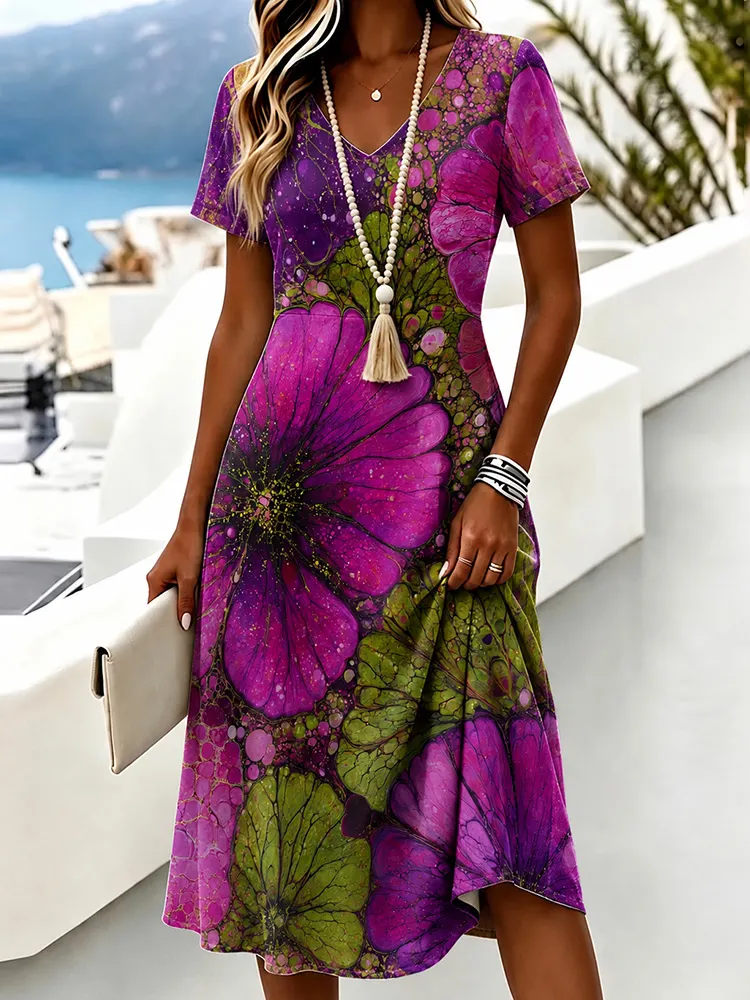Comstylish Women's Vintage Floral Art Tie-dye Cotton Linen Casual Dress
