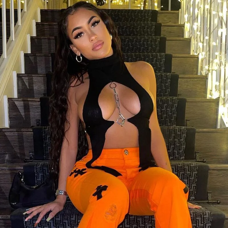 BIIKPIIK Hot Club Style Black Knitted Tops Hollow Out Sleeveless Mock Neck Long Chain Summer Sexy T-shirts Women Fashion Clothes