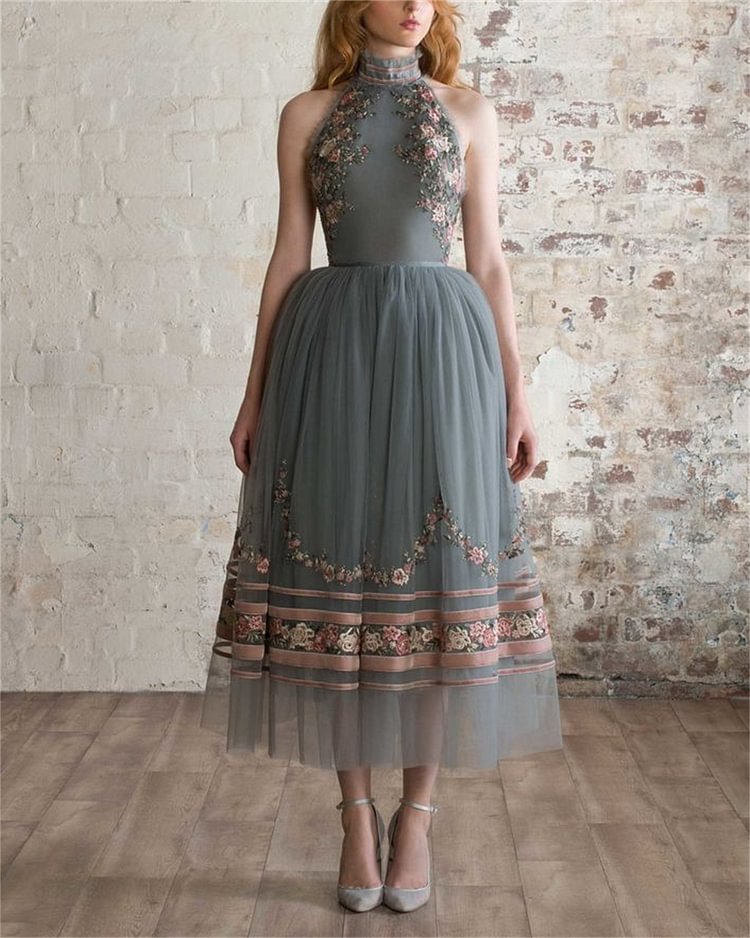Women's Solid Color Embroidery Mesh Dress
