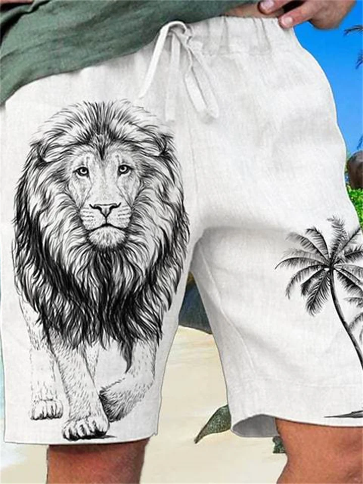 Men's Drawstring Shorts Lion Coconut Print White Gray Brown Blue