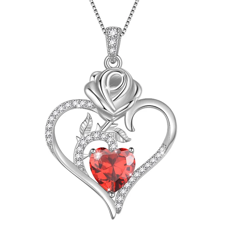 Women's Sterling Silver Birthstone Necklace Rose Flower Heart Pendant Jewelry