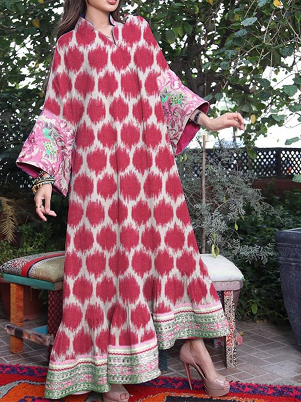 Stand collar printed pagoda sleeve pattern printed maxi dress