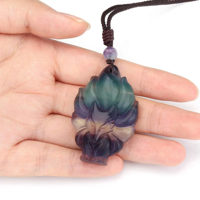 Natural Fluorite Gold Sheen Obsidian Fox Pendant Protection Necklace