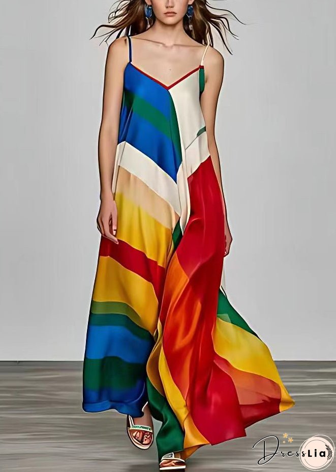 Stylish Photo Color V Neck Print Silk Spaghetti Strap Dress Sleeveless