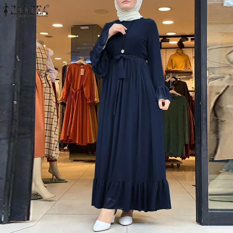 Dubai Abaya Turkey Hijab Dress Women Autumn Sundress Jilbab Islamic Clothing Caftan Marocain ZANZEA Long Sleeve Ruffles Sundress