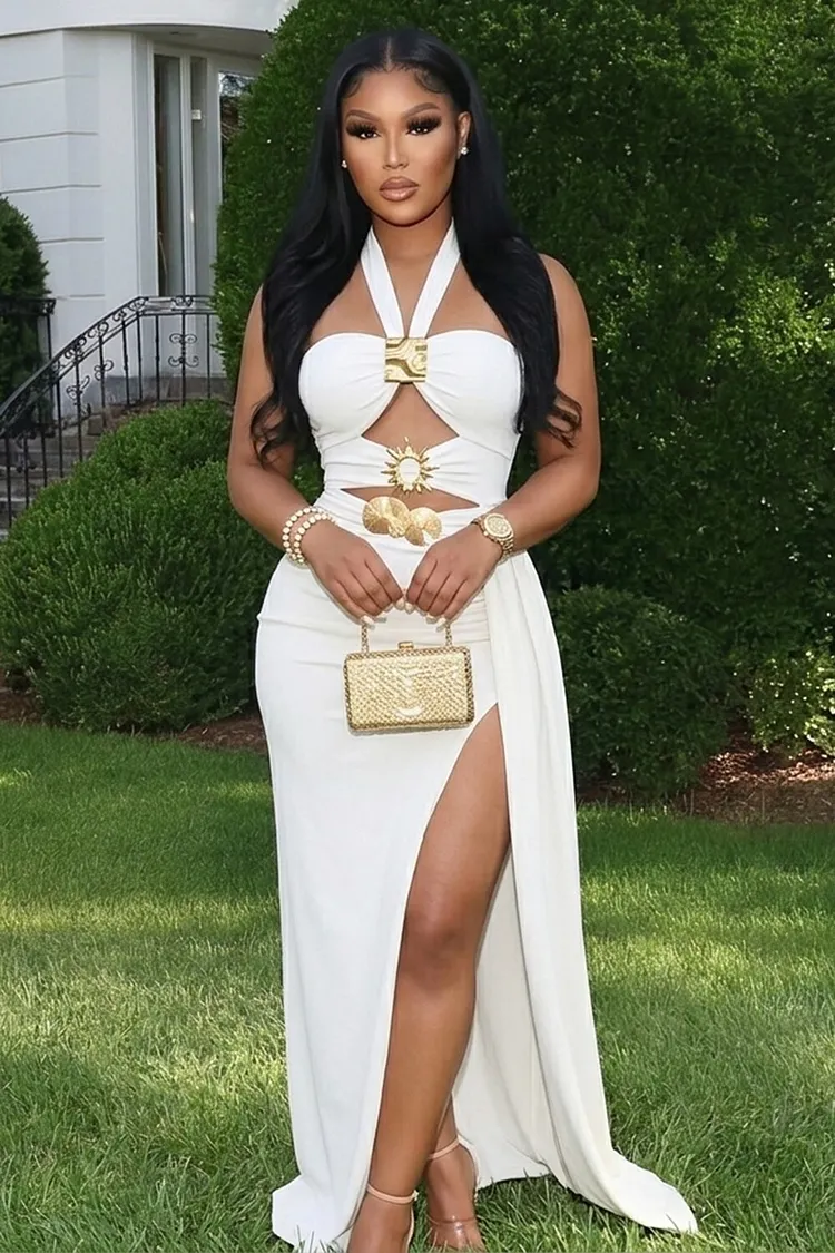 Halter Cut Out Metal Decor High Slit Gowns Maxi Dresses-White