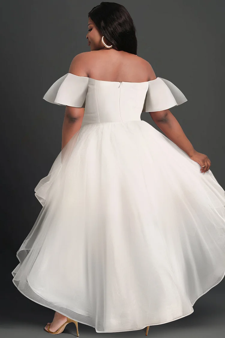Xpluswear Design Plus Size Wedding White Off The Shoulder Cap Sleeve Ruffle Asymmetric Hem Tulle Mini Dresses [Pre-Order]