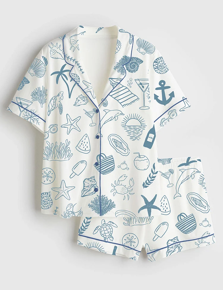 Women&rsquo;s Coastal Beach Ocean Shark Summer Nautical Short Sleeve Satin Pajama Set