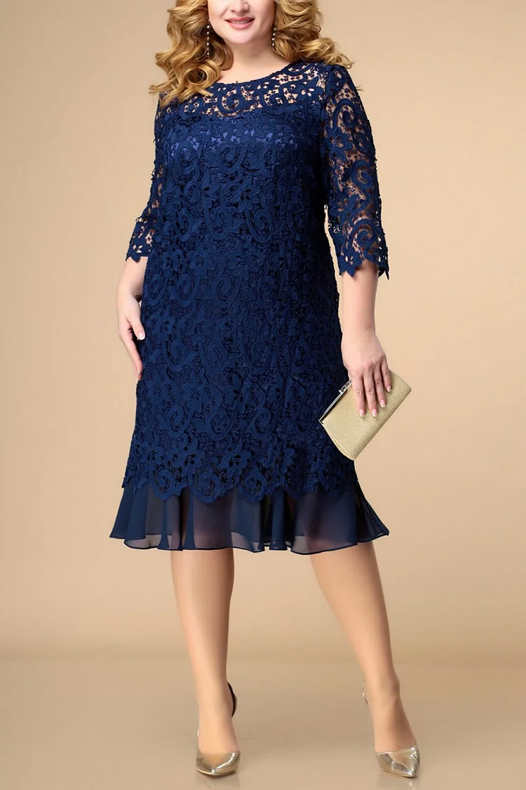Plus Size Lace Embroidery Layered 3/4 Sleeve Midi Dress  Flycurvy [product_label]