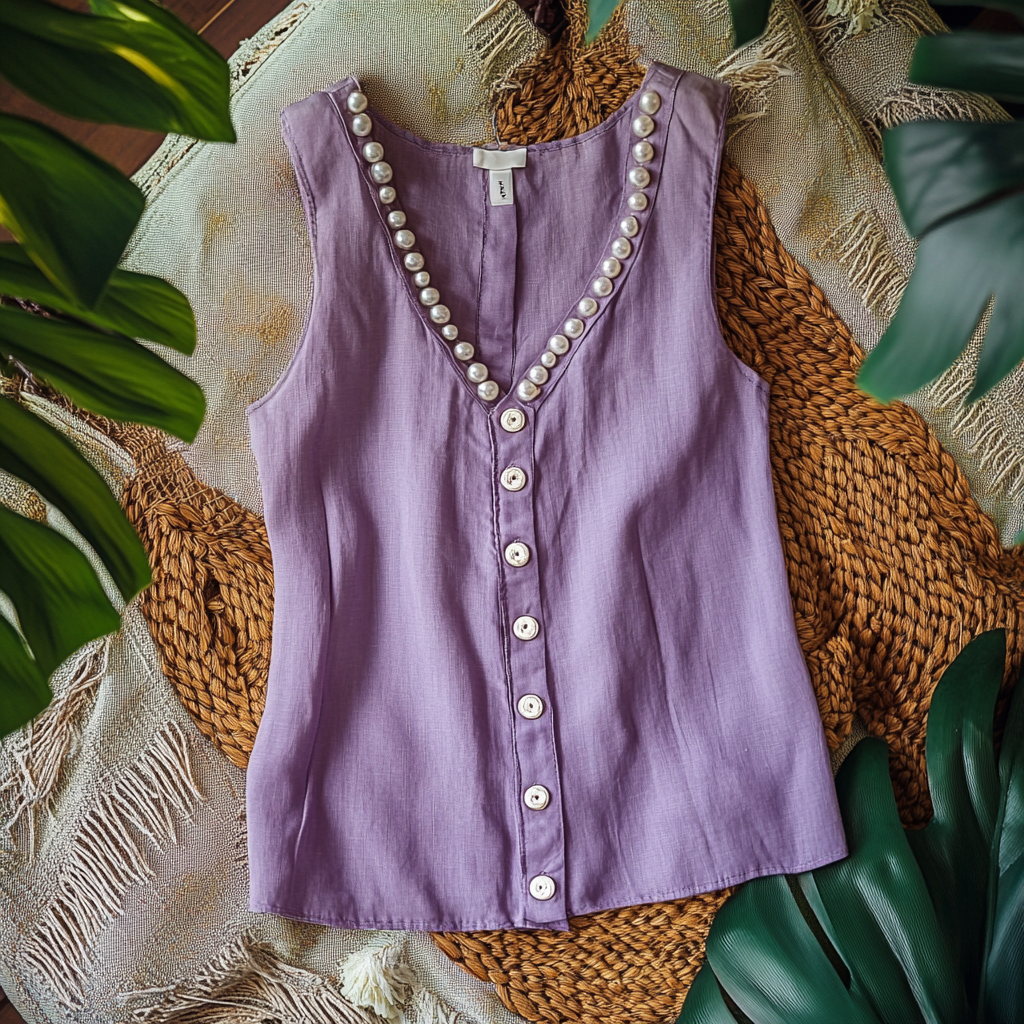  Elegant Pearl-Embellished Button-Up Tank Top for Women