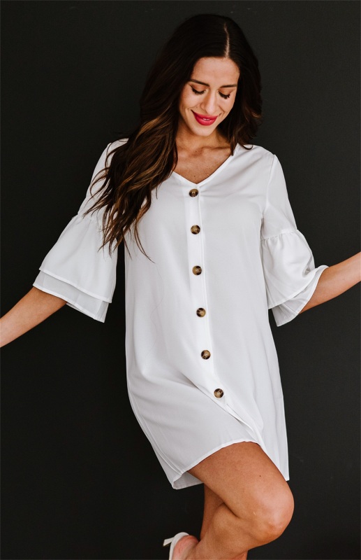 Mature Women Casual Summer V Neck Button Fit And Flare Sleeve Shift Shirt Dress