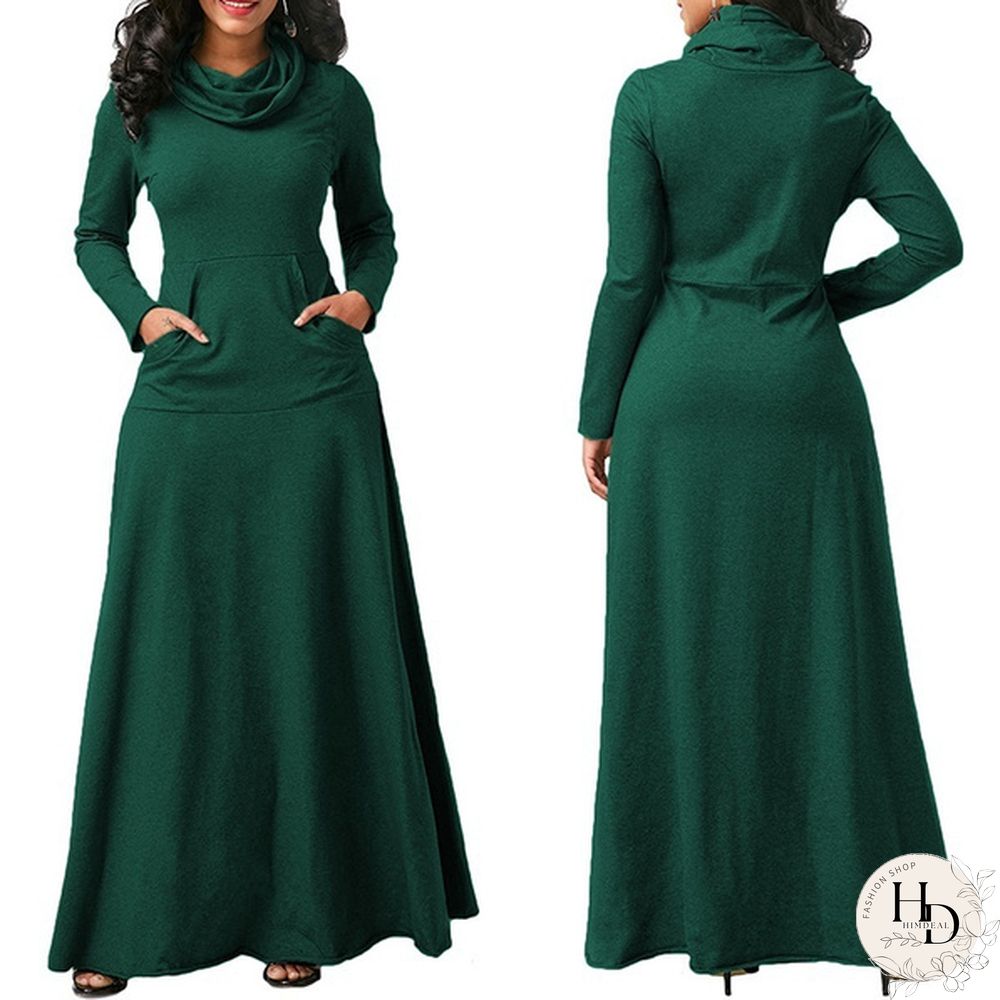 Autumn & Winter Womens Long Sleeve Dress-Pure Colors-Loose Maxi Casual Plus Size S-5Xl