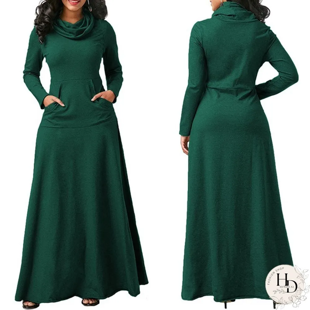 Autumn & Winter Womens Long Sleeve Dress-Pure Colors-Loose Maxi Casual Plus Size S-5Xl