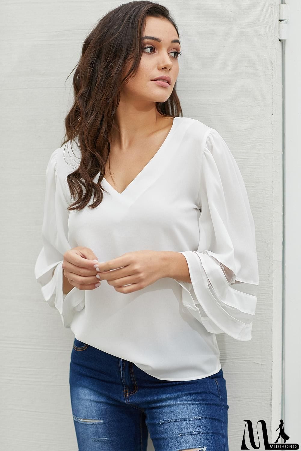 MidiSono - White Flare Sleeve V Neck Loose Women's Chiffon Blouse