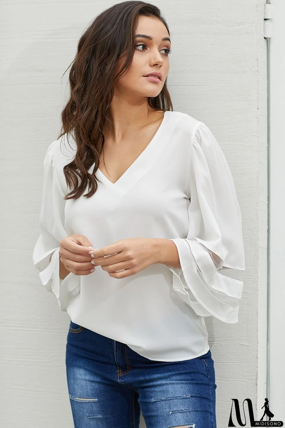 MidiSono - White Flare Sleeve V Neck Loose Women's Chiffon Blouse