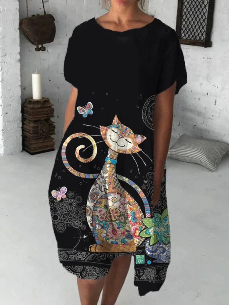 Happy Cat Fiber Art Short Sleeve Midi Dress
