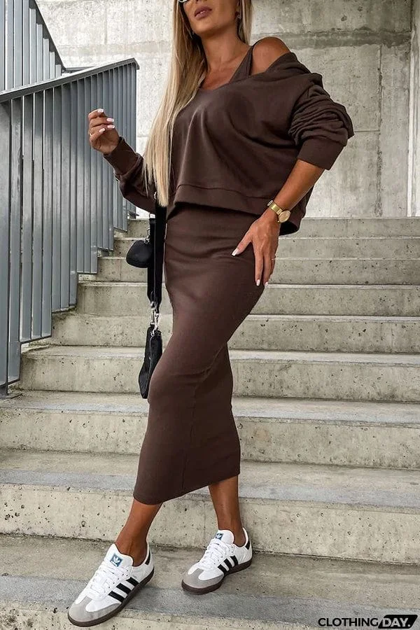 Around The World Hooded Sweatshirt and Slip Maxi Skirt Two Piece Set