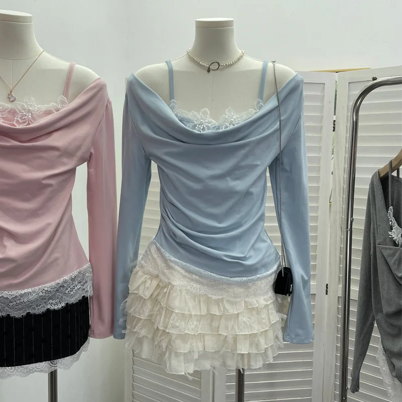 Nigikala Nigikala Autumn Fake Two Lace Lace Collar Folding Long Sleeves Slimming Bottom T-Shirt Top Woman 2532