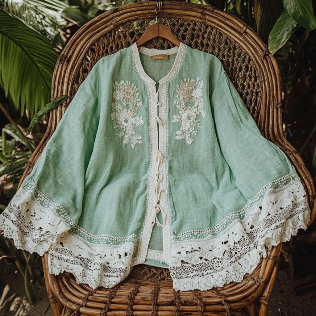  Vintage Floral Embroidered Lace Trim Jacket for Women