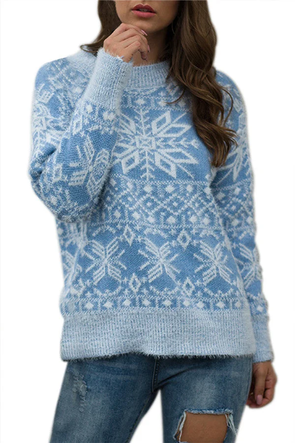 Snowflake Christmas Knit Pullover Sweater Blue-elleschic