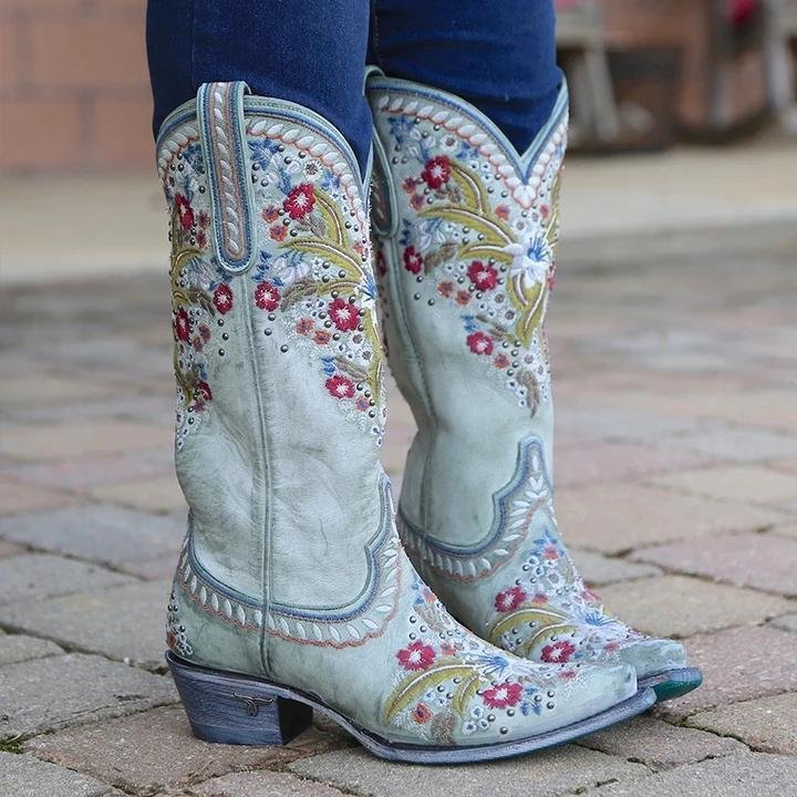 Chunky Heel Embroidered Rivets Mid-Tube Martin Boots -boots