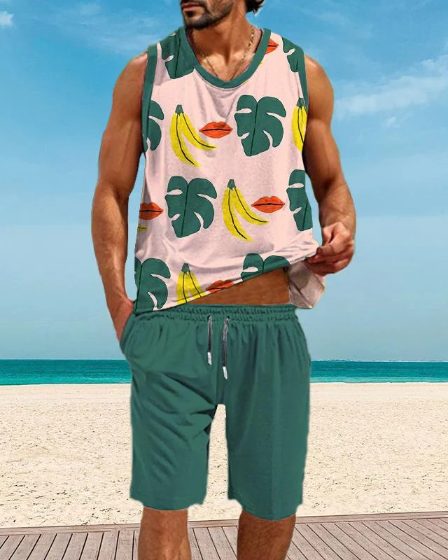Men's Casual Resort Printed Vest Set 008