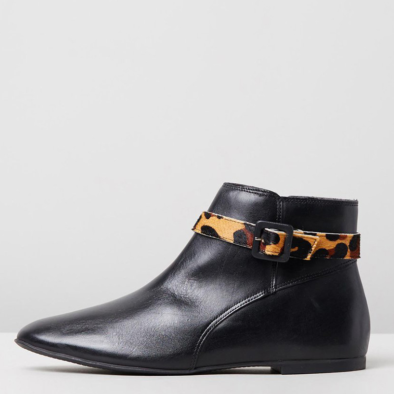 TAAFO Female Booties Shoes Black Pointed Toe Boots Woman Leopard-printed Ankle Wrap Zipper Buckle  