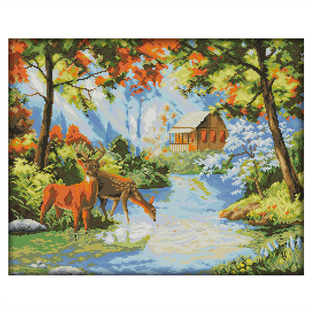 

River Deer - 14CT Stamped Cross Stitch - 55*46CM, 501 Original