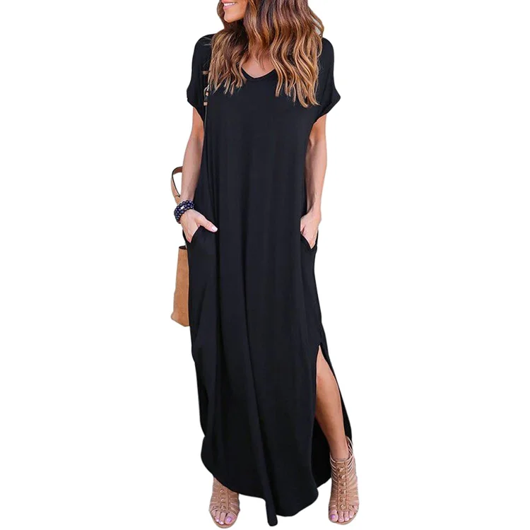 Women's Casual Loose Pocket Long Dress Short Sleeve Split Maxi Dresses