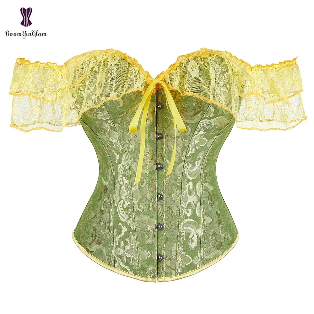 Uaang Women's Princess Renaissance Corset Black White Red Green Beige Floral Lace Short Sleeves Elegant Halloween Bustier Top