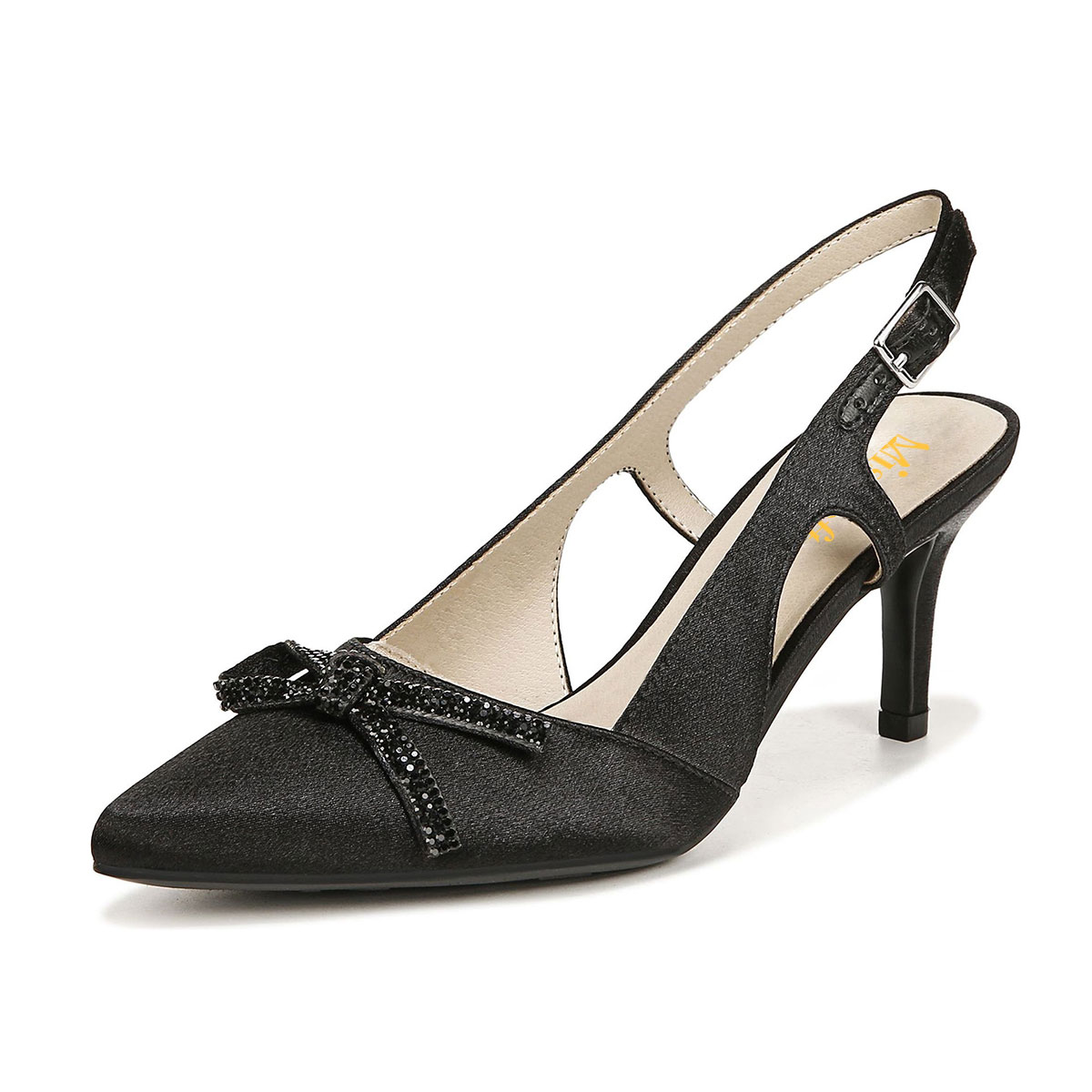 Black Buckle Pointed Toe Kitten Heel Rhinestone Knot Slingback Shoes Nicepairs