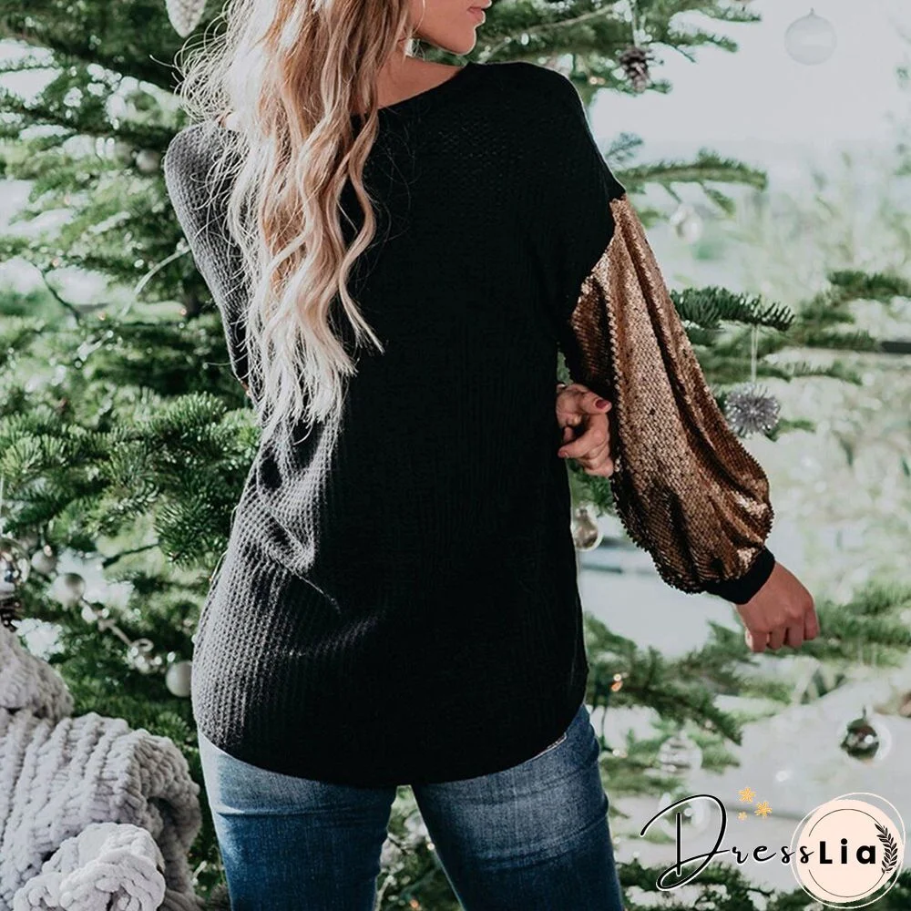 Sale Long Sleeve Ladies Top And Shirt Sequins Knitted Female Blouses Fashion Patchwork Women Blouses Tee Shirt Fall Spring D30
