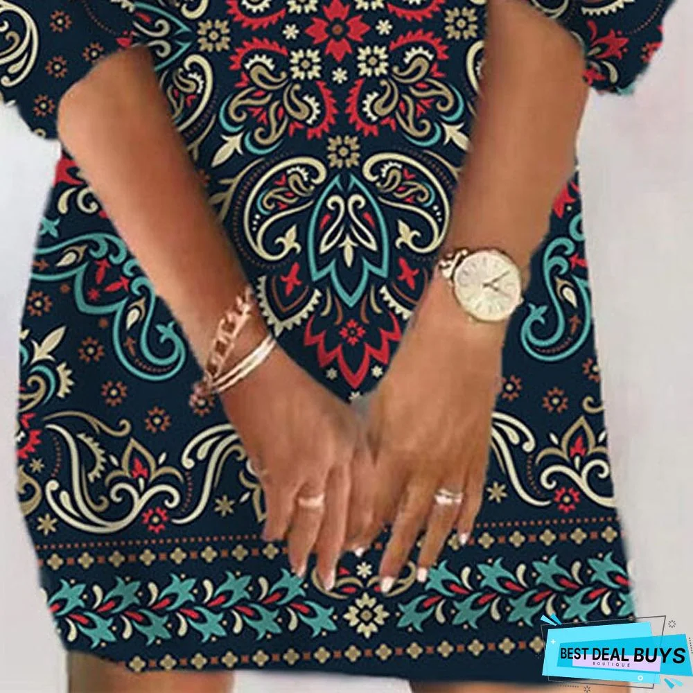 Women's Casual Dress Bodycon Ethnic Dress Mini Dress Black Purple 3/4 Length Sleeve Floral Print Winter Fall Autumn V Neck Vacation Loose Fit 2023 S M L XL XXL 3XL