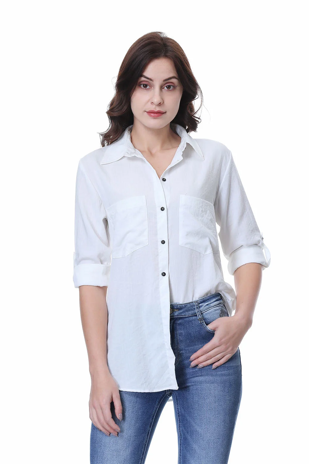 Women's Semi Sleeve Shirt White Alex Vando Fashion