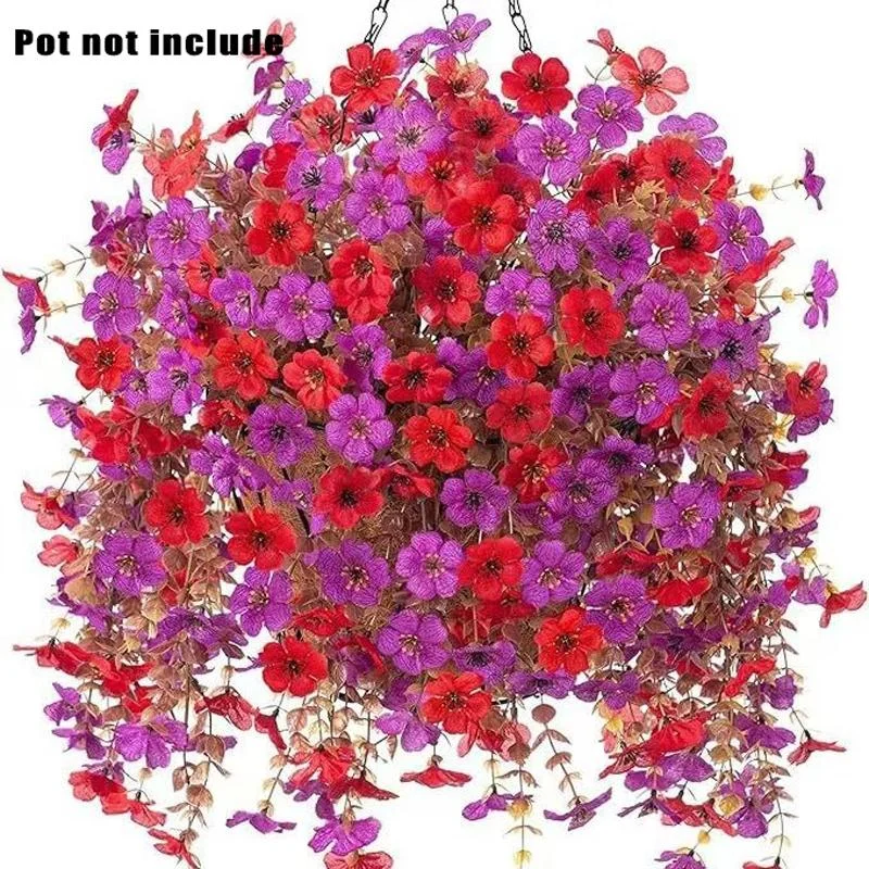 8 Pack Artificial Hanging Plants, UV Resistant Silk Violet Flowers with Eucalyptus Leaves, Outdoor Garden Decor, Realistic Faux Plants