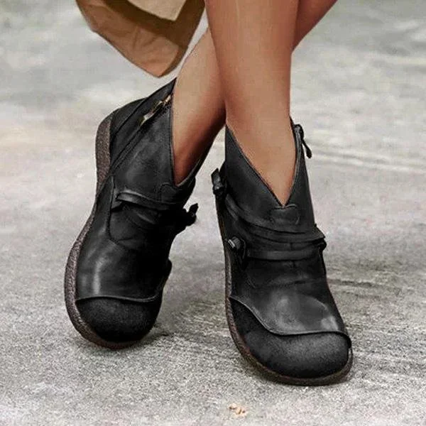 Women's Vintage Flat Heel Leather Casual Ankle Boots  Stunahome.com