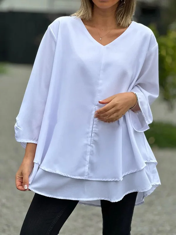 Layered Solid Color A-Line Loose V-Neck Blouses&Shirts Tops