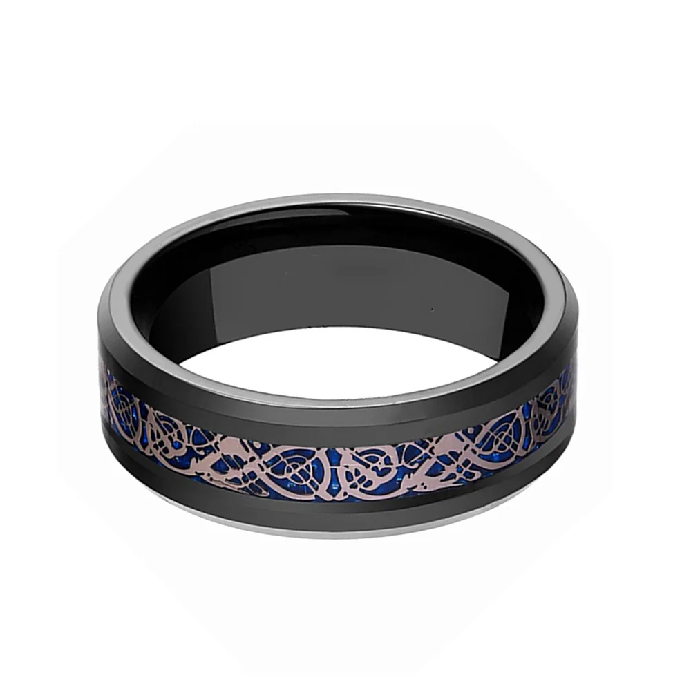 8mm  Men's Tungsten Carbide  Ring Blue Carbon Fiber Rose Gold Dragon Pattern Inlay