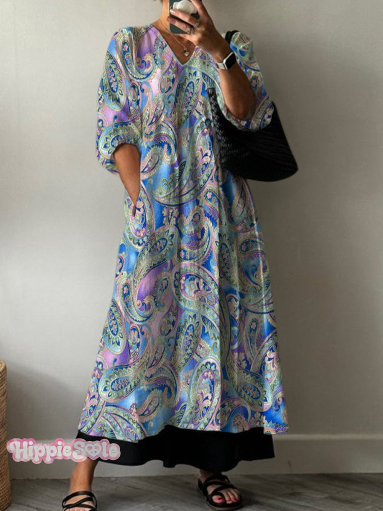 Women’s Paisley Floral Art Print Pocket V-Neck Cotton Dress Multicolor / S