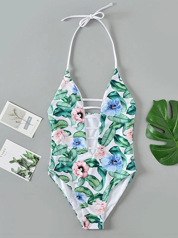 Fresh Flowers Printing Lace Split Bikini Swimsuit